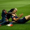 Paris St Germain's Patore celebrates with team mates after scoring the third goal for the team during their Champions League quarter-final first leg soccer match against Chelsea at the Parc des Prince