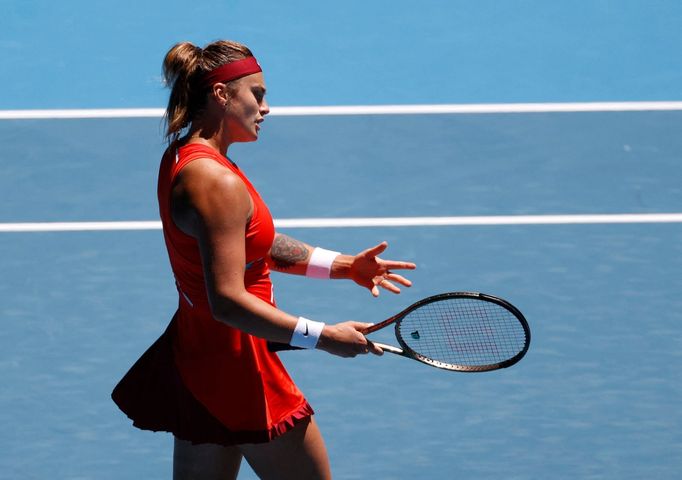 Tennis - Australian Open - Melbourne Park, Melbourne, Australia - January 20, 2022 Belarus' Aryna Sabalenka reacts during her second round match against China's Xinyu Wan