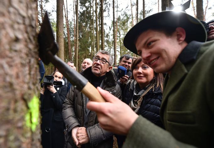 Premiér Andrej Babiš a ministryně financí Alena Schillerová si 15. května 2019 v lokalitě Bílovna nedaleko Bernartic prohlédli lesy zasažené kůrovcem.