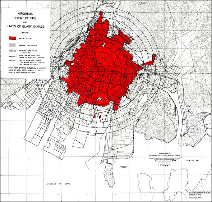 Schéma následků výbuchu atomové bomby v Hirošimě.