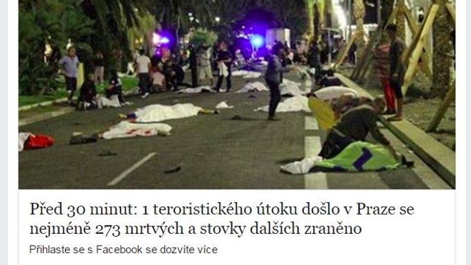 Phishingová zpráva o teroristickém útoku v Praze, která se šíří na Facebooku.