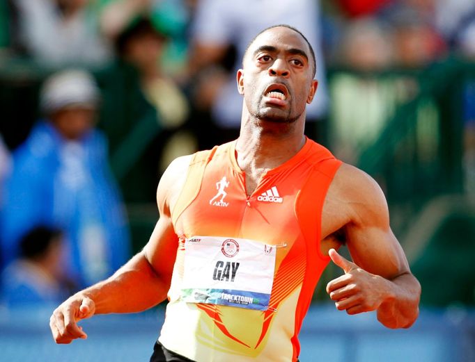 Sprinter Tyson Gay během závodu na 100 metrů během americké kvalifikace v Eugene 2012.