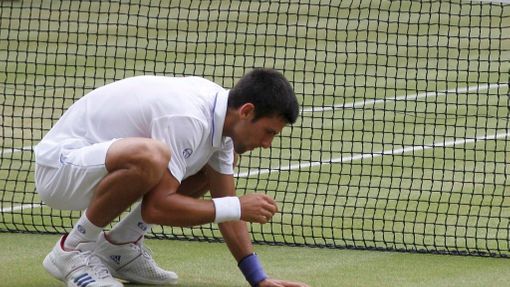 Srbský tenista Novak Djokovič se raduje na Wimbledonu 2011.