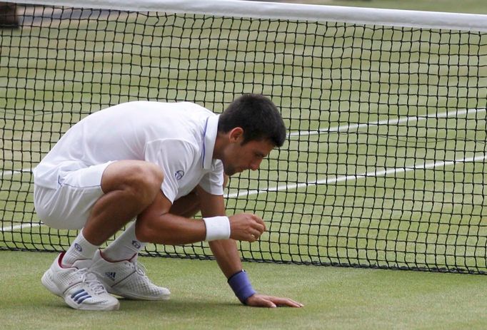 Srbský tenista Novak Djokovič se raduje na Wimbledonu 2011.