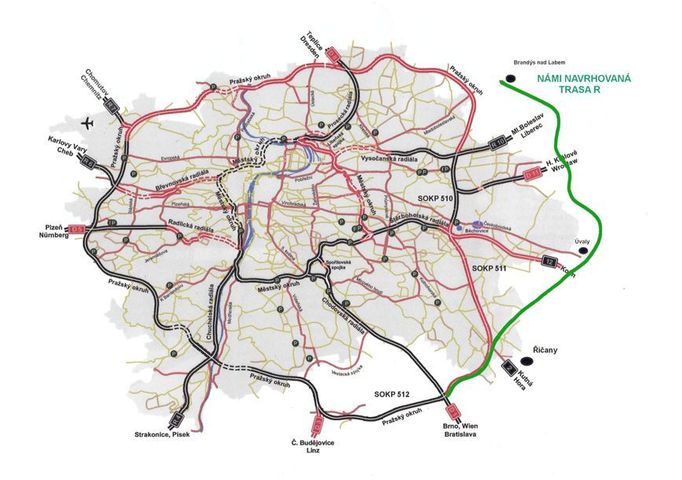Alternativní trasa pražského okruhu, jak ji prosazuje běchovické občanské sdružení