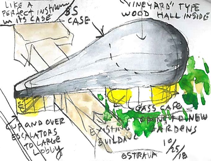 Skici z roku 2018 ukazují, jak architekt přemýšlel o podobě ostravského návrhu.