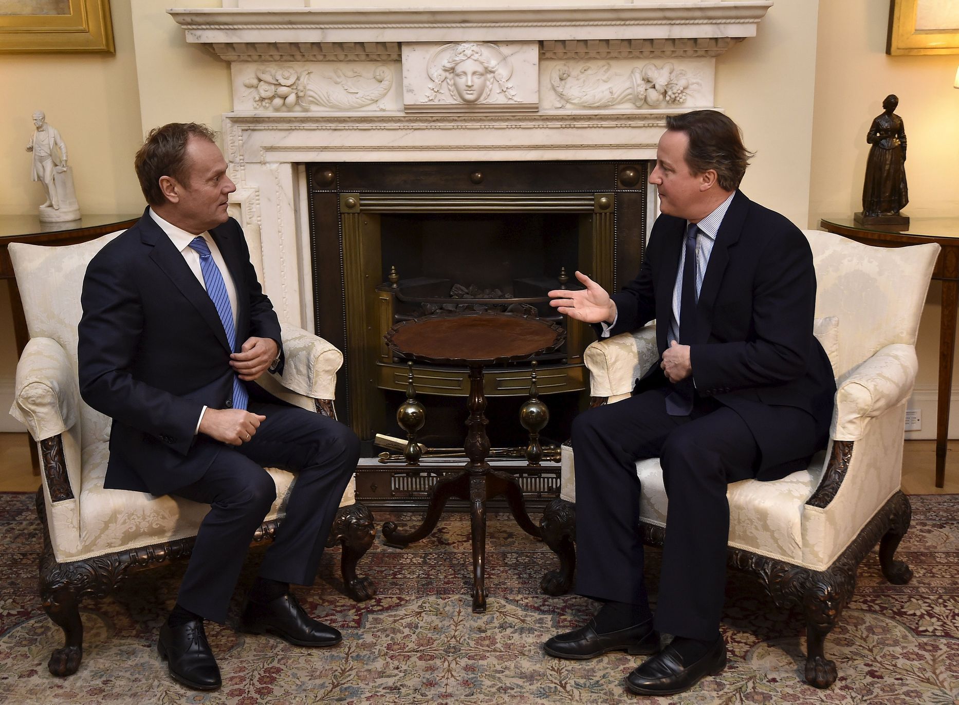 British Prime Minister Cameron speaks with European Council President Tusk at Downing Street in London, Britain