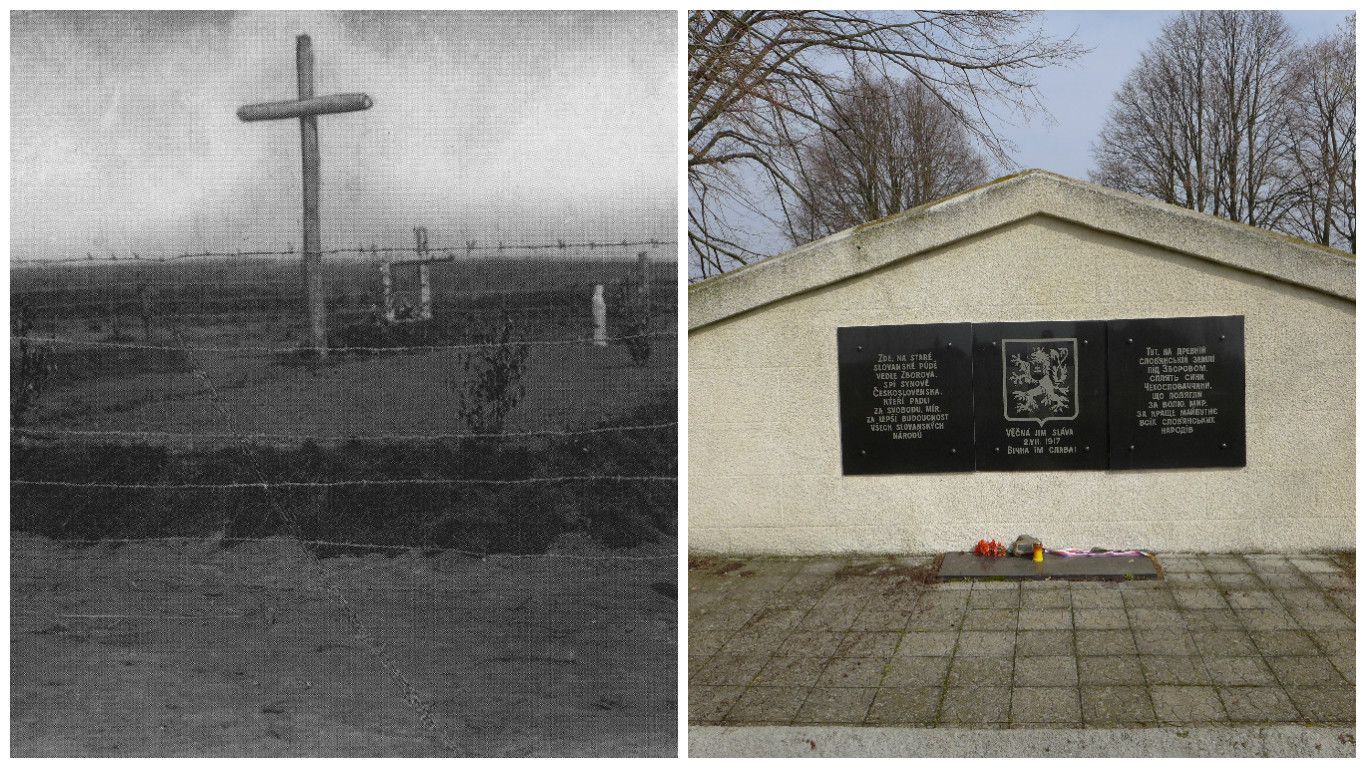 Památník bitvy u Zborova v roce 1917 a dnes.