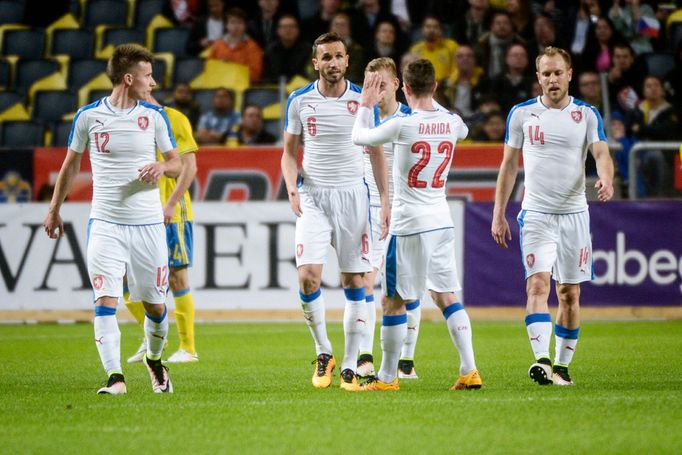 Czech Republic's Lukas Maracek, Tomas Sivok, Vladimir Darida and Daniel Kolar celebrate a goal scored by Matej Vydra (unseen) during the friendly soccer match against Swe