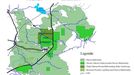 Podrobnější mapa Bialowiežského pralesa a Bialowiežského národního parku. Světlejší zelená je celý park. Nejtmavší zelená je chráněné území národního parku. Černá čára je hranice mezi Polskem a Běloruskem.