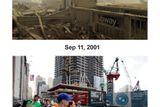 Zničený vlez do metra poblíž Ground Zero 11. září 2001 a 4. srpna 2011.