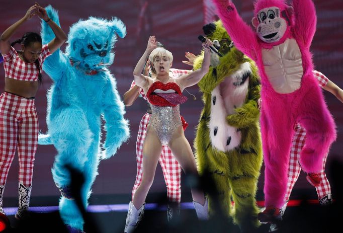 U.S. singer Miley Cyrus performs at the O2 Arena in central London