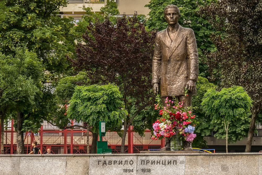 Gavrilo Princip atentát na Františka Ferdinanda socha v Bělehradě