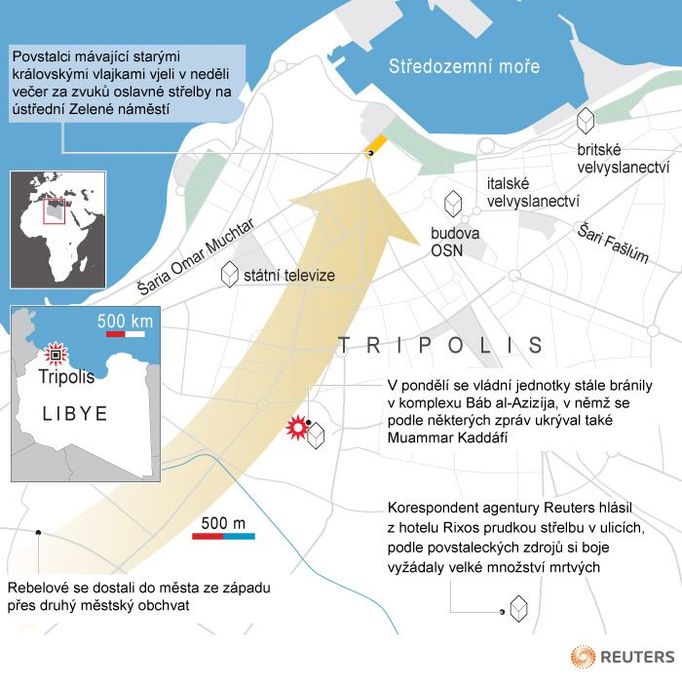 Po půl roku trvajících bojích, během nichž žádná ze stran nezaznamenala výraznější úspěch, pronikli rebelové velmi rychle do metropole země. V sobotu vypuklo na několika místech hlavního města povstání, v noci na pondělí již byli povstalci v Tripolisu.