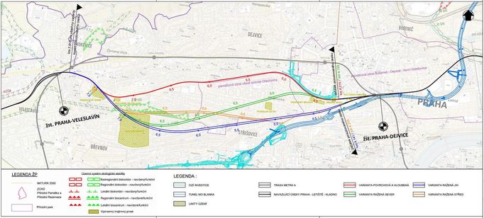 Různé varianty vedení tunelu mezi Dejvicemi a Veleslavínem - Správa železnic vybrala jižní variantu, podpořila to i Praha 6 a rada hlavního města