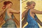 Panenská postava symbolizující znamení Vah. Vlevo Mánesův originál, vpravo nová kopie.