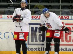 Česká hokejová reprezentace na tréninku před odletem na MS ve Švédsku a Finsku (Tomáš Plekanec, Michael Frolík)