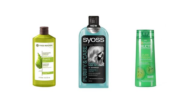 Svěží šampon pro mastné vlasy (Yves Rocher, 85 Kč), Šampon Purify & Care (Syoss, 130 Kč), Šampon Pure & Fresh Fructis (Garnier, 75 Kč)