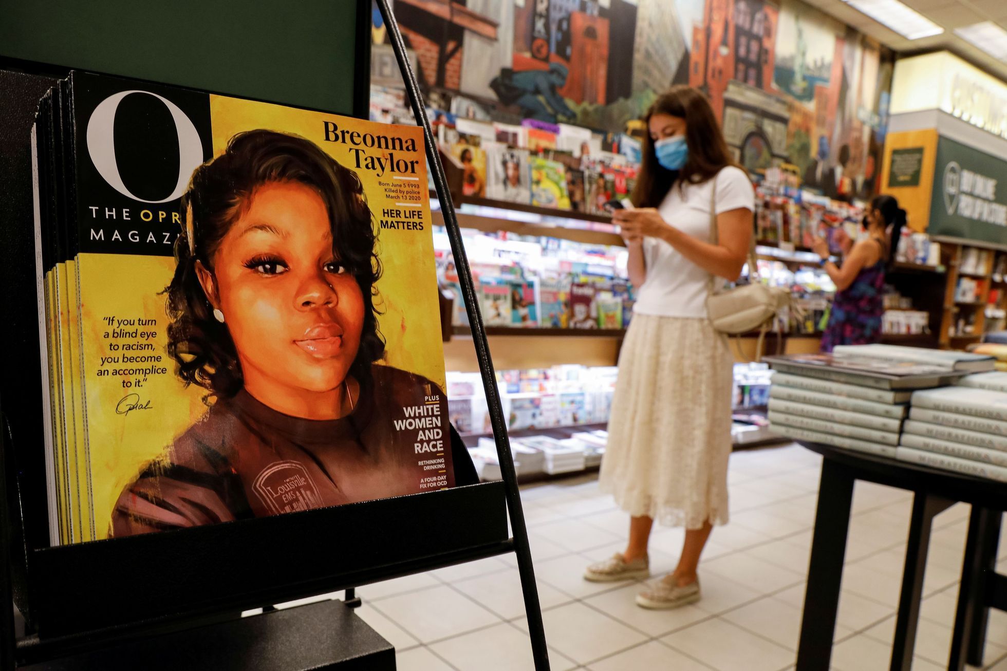 The September issue of Oprah Winfrey's O, The Oprah Magazine, that features Breonna Taylor, a Black woman shot to death in her own apartment, is displayed in a Barnes and Noble store in New York