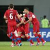 Čeští fotbalisté se radují z gólu Petra Jiráčka do sítě Polska v utkání skupiny A na Euru 2012