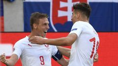 fotbal, Liga národů 2018/2019, Slovensko - Česko, Bořek Dočkal a Patrik Schick slaví vítězný gól