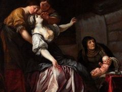 Karel Škréta: Narození sv. Václava (1640) - výřez; olej na plátně; Národní galerie v Praze