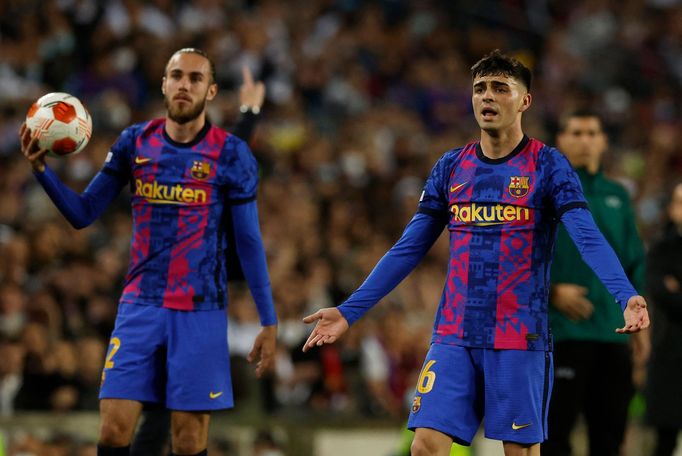 Soccer Football - Europa League - Quarter Final - Second Leg - FC Barcelona v Eintracht Frankfurt - Camp Nou, Barcelona, Spain - April 14, 2022 FC Barcelona's Pedri react