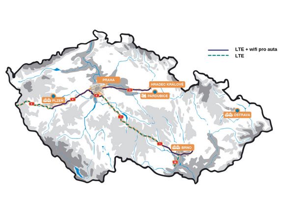 Mapa testovacích lokalit projektu C-Roads (jednotky na mýtných branách nejsou nainstalovány všude).