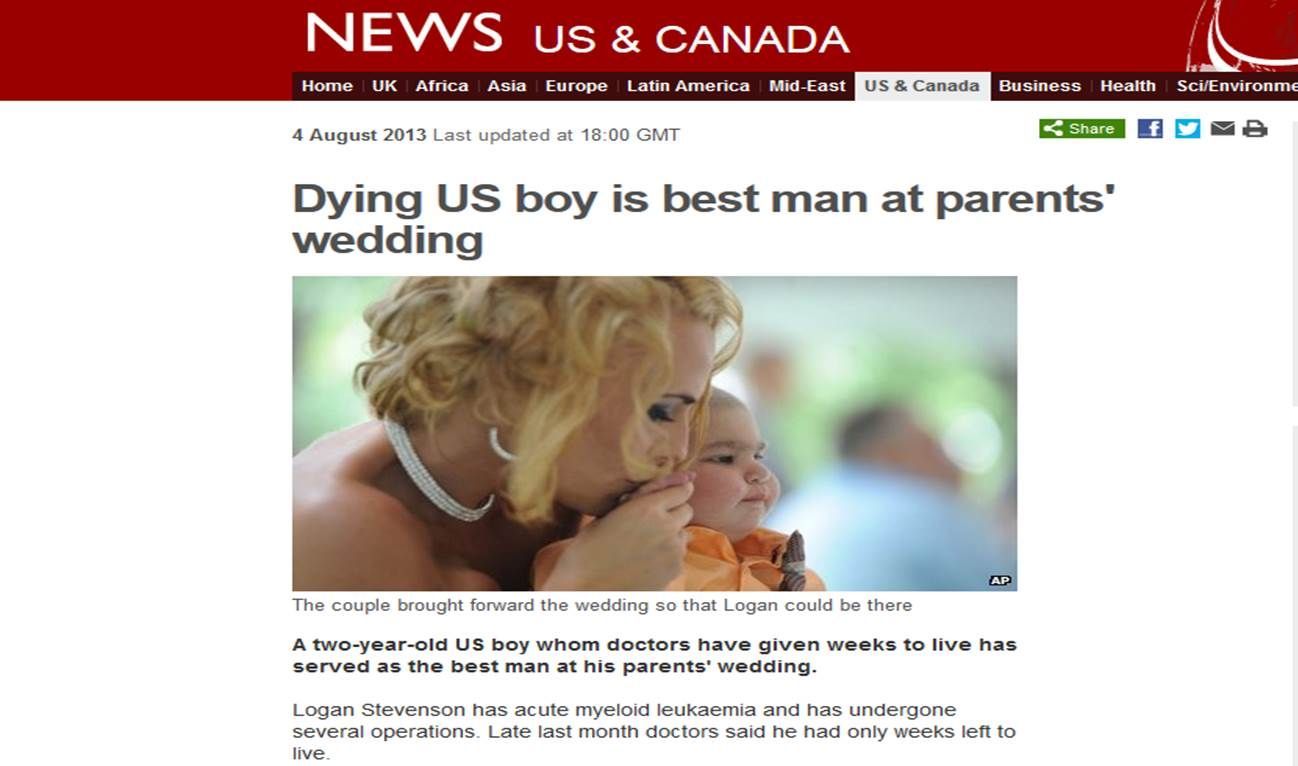 Dvouletý umírající chlapec byl za družbu na svatbě rodičů