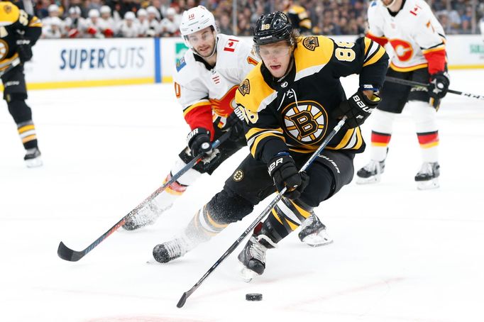 hokej, NHL 2018/2019, Boston - Calgary, David Pastrňák a Derek Ryan