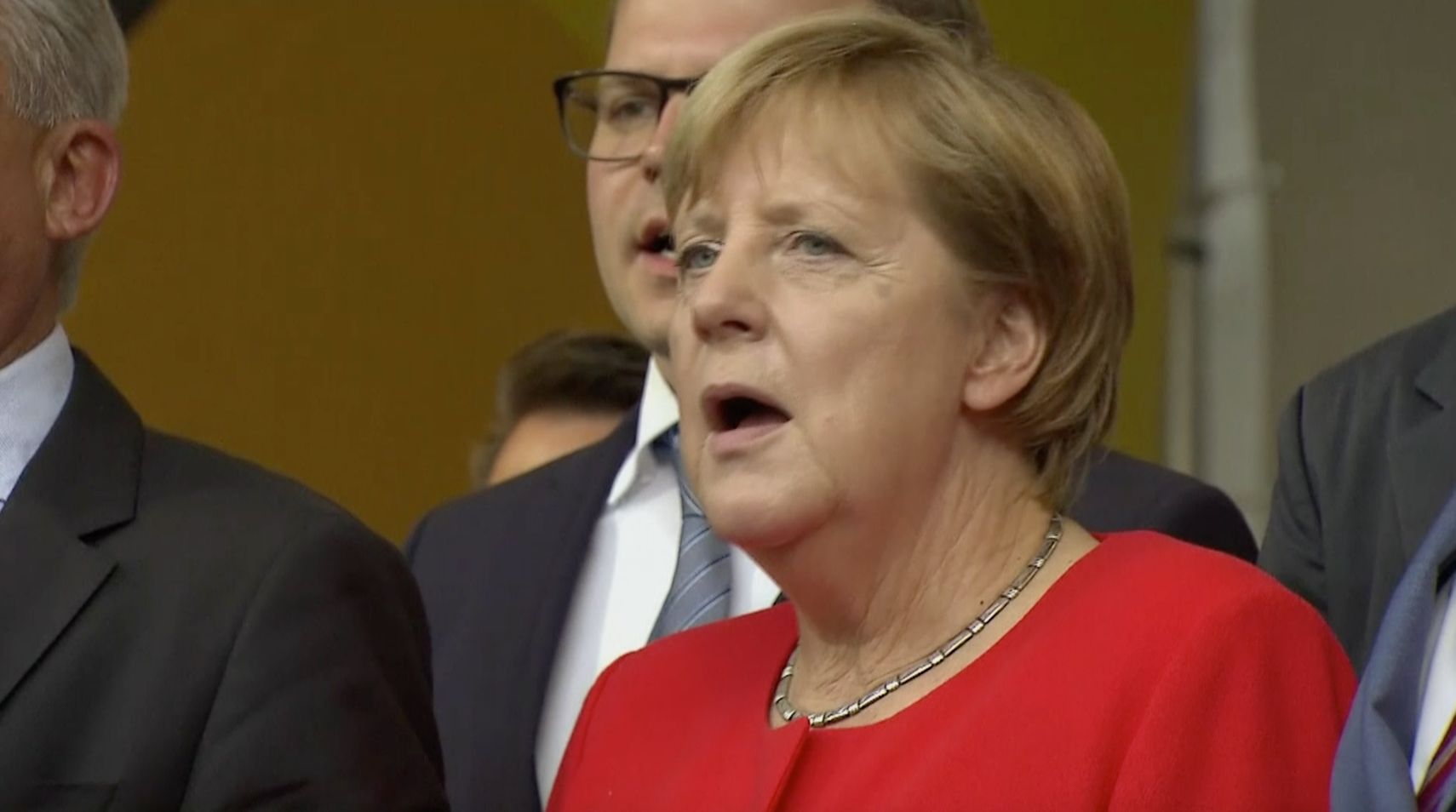 Angela Merkel na předvolebním mítinku v Heidelbergu.