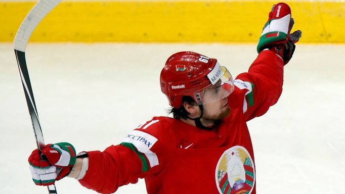 Alexei Ugarov of Belarus celebrates his goal against Germany during the second period of their men's ice hockey World Championship Group B game at Minsk Arena in Minsk Ma