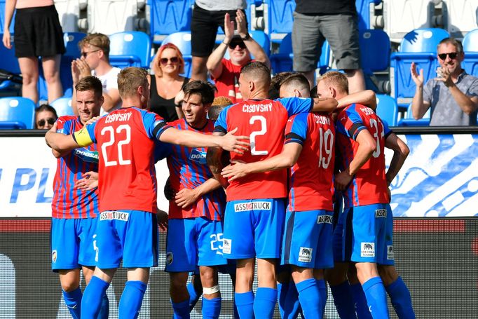 3. kolo nadstavbové části o titul ve Fortuna:Lize 2019/20, Plzeň - Sparta: Radost plzeňských fotbalistů.