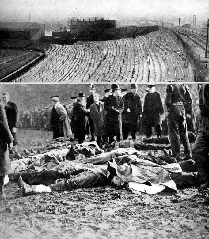 Neštěstí na stadionu The Burnden Park ve Velké Británii v roce 1946. Archivní snímek dokumentující sportovní tragédii.