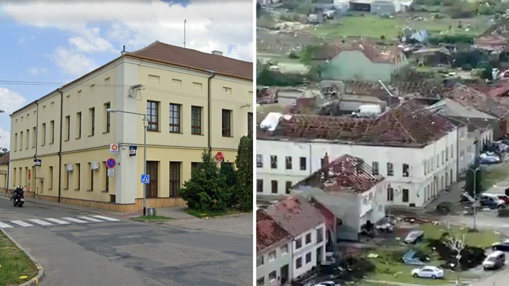 Před a po tornádu. Letecké záběry v kombinaci s archivem odhalují zkázu obce; Zdroj foto: Aktuálně.cz