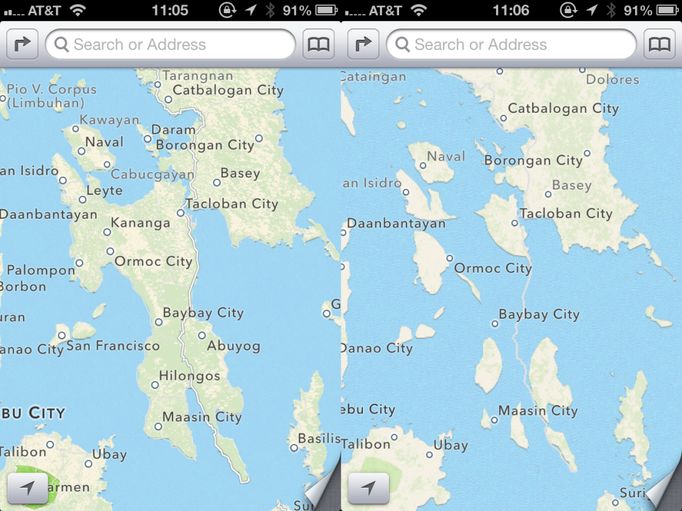 Mapa Filipín v podání Googlu (vlevo) a Applu