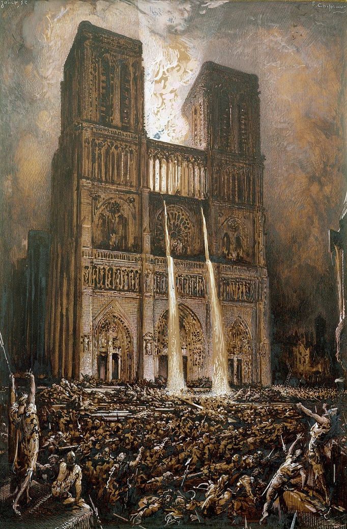 Ilustrace "Obléhání Notre-Dame" od Françoise Chifflarta z roku 1867 zobrazuje scénu z románu "Chrám Matky Boží v Paříži" od Victora Huga.