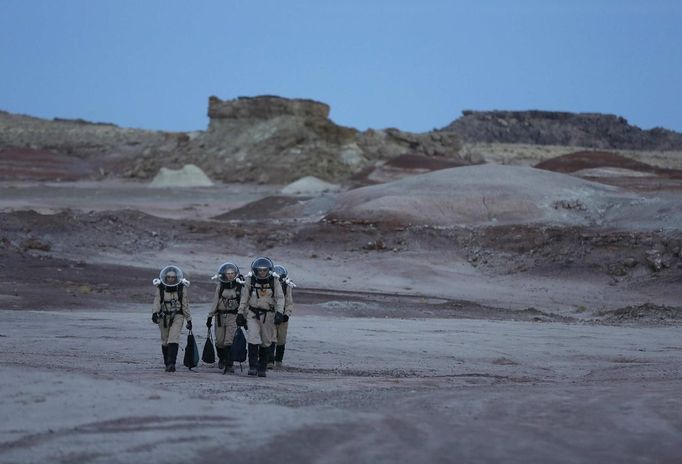 Members of Crew 125 EuroMoonMars B mission return after collecting geologic samples for study at the Mars Desert Research Station (MDRS) in the Utah desert March 2, 2013.