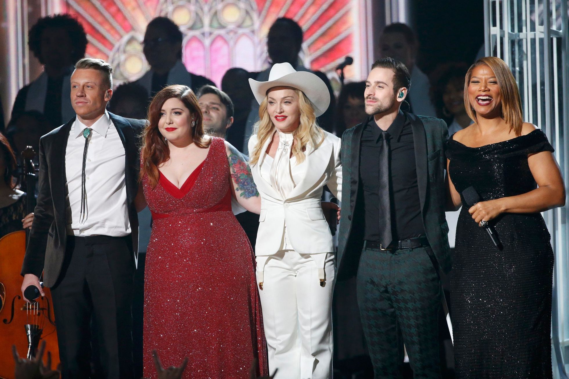 Macklemore, Lambert, Madonna, Lewis and Queen Latifah stand together after performing &quot;Same Love&quot; at the 56th annual Grammy Awards in Los Angeles