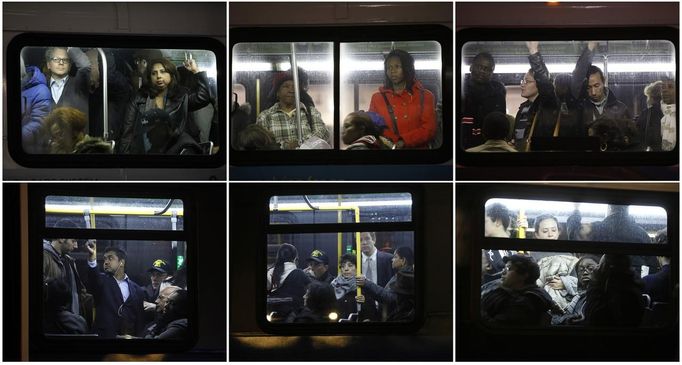 A combination photo shows people travelling in buses from Manhattan back to the Brooklyn borough in the aftermath of Hurricane Sandy in New York November 1, 2012. New York subway trains crawled back to limited service after being shut down since Sunday, but the lower half of Manhattan still lacked power and surrounding areas such as Staten Island, the New Jersey shore and the city of Hoboken remained crippled from a record storm surge and flooding. REUTERS/Carlo Allegri (UNITED STATES - Tags: ENVIRONMENT DISASTER TRANSPORT) Published: Lis. 2, 2012, 12:42 dop.