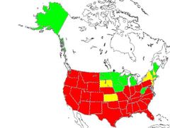 Zeleně vyznačené státy již trest smrti zrušily, žluté jej od roku 1976 nevykonaly, v červeně vybarvených státech se i nadále popravuje