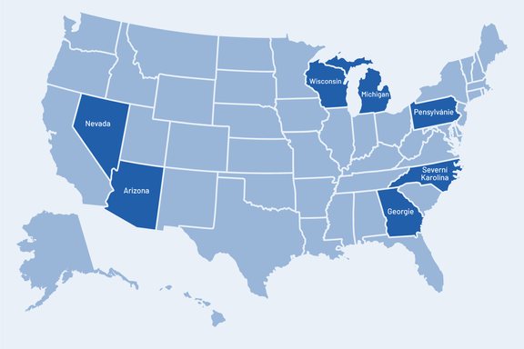 Mapa ukazuje sedmičku takzvaných swing states - klíčových států, které rozhodnou o výsledku amerických voleb.