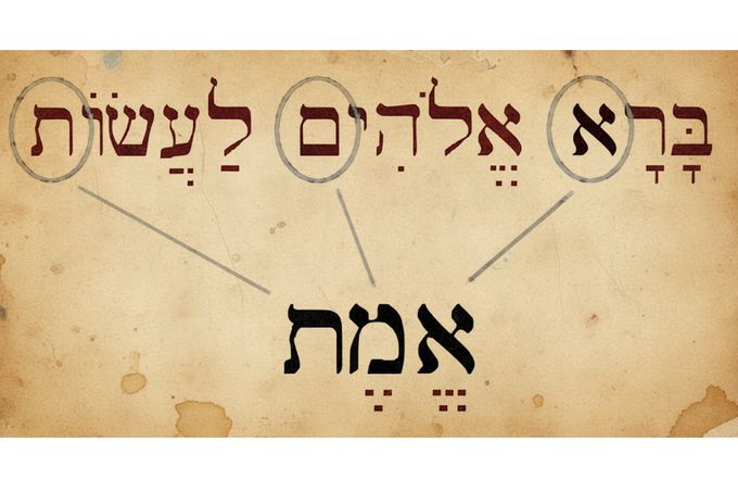 Slovo Emet v hebrejské abecedě. Člověk - stroj - umělá bytost. Umělecká fikce. Ilustrační obrázek vytvořený pomocí umělé inteligence.