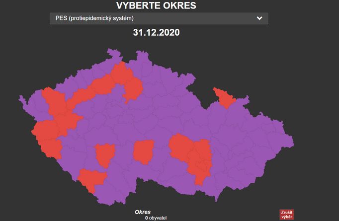 Aktuální zbarvení mapy dle protiepidemického systému PES ve čtvrtek 31. prosince 2020