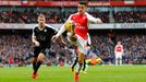 Leicester's Marc Albrighton in action with Arsenal's Alexis Sanchez