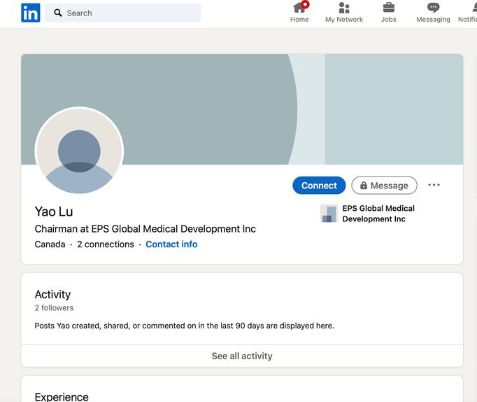 Profil Yao Lu alias Dr. Lu na sociální síti LinkedIn.