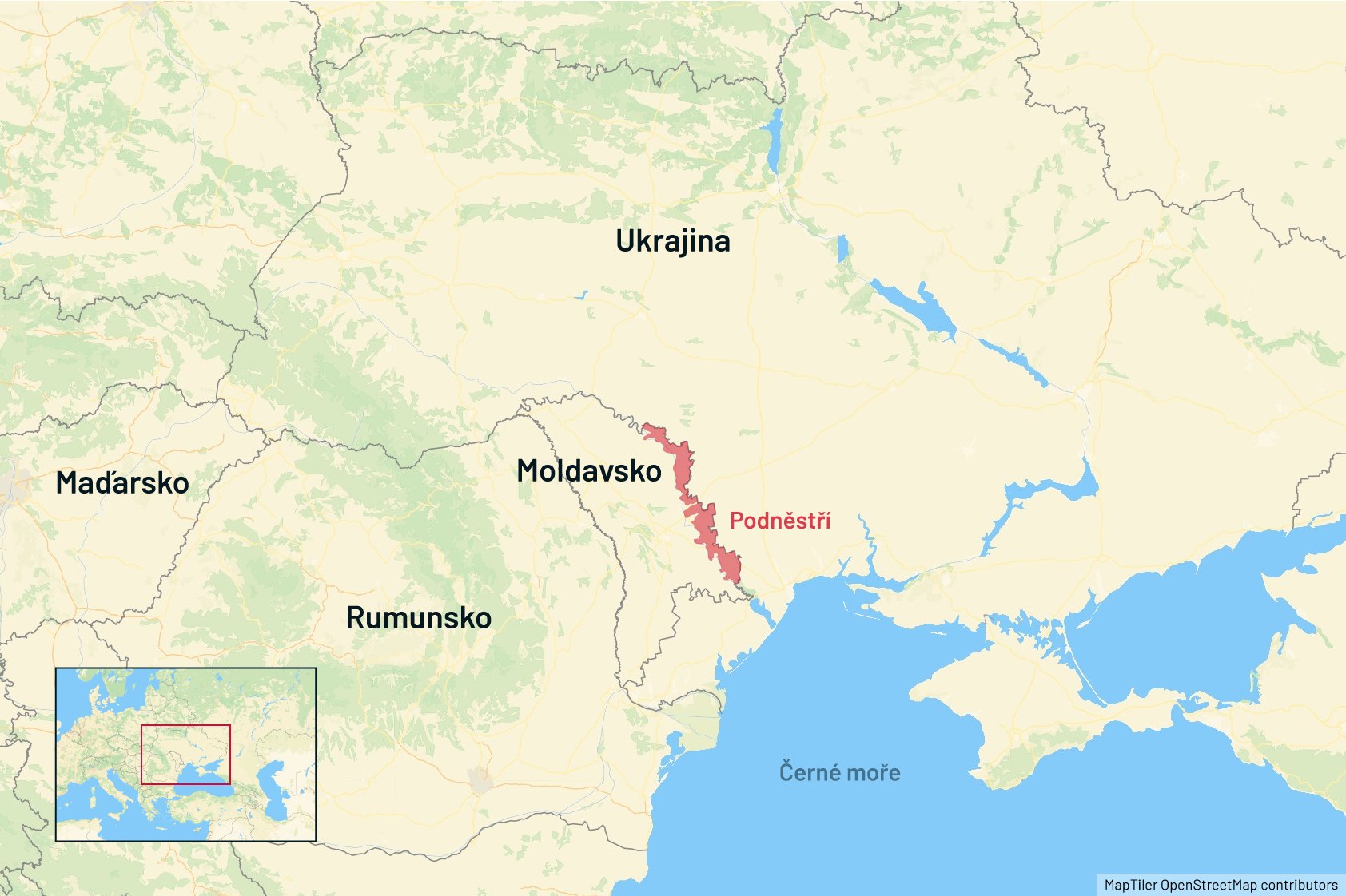 Mapa - Maďarsko, Ukrajina, Rumunsko, Moldavsko, Podněstří