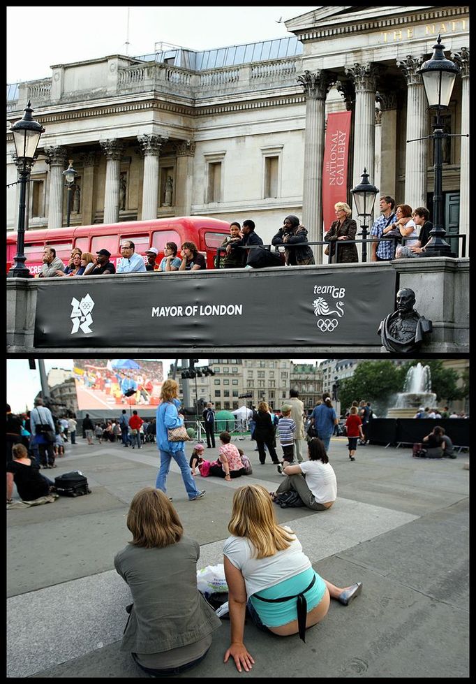 Trafalgar Square 2008. Takto sledovali v centru Londýna lidé průběh olympijských her v Číně na velkoplošných obrazovkách.