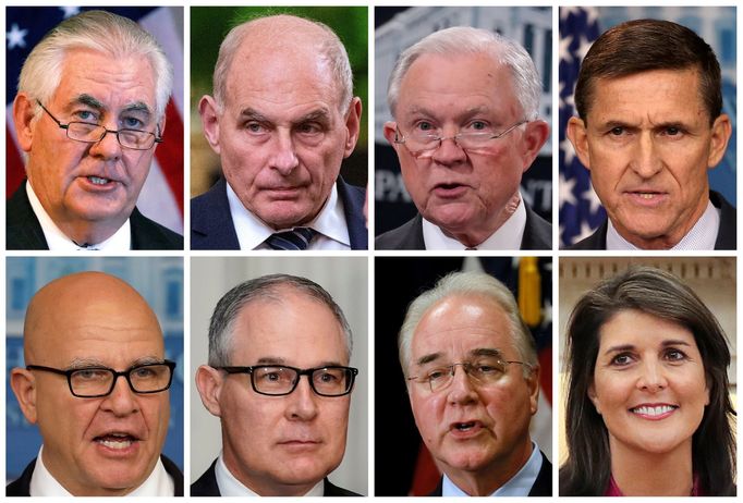 Lidé, kteří opustili Donalda Trumpa. Rex Tillerson, John Kelly, Jeff Sessions, Michael Flynn, H.R. McMaster, Scott Pruitt, Tom Price a Nikki Haleyová.