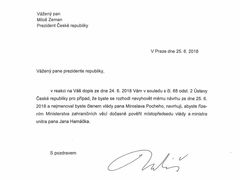 Fotoreprodukce dopisu Andreje Babiše prezidentu Miloši Zemanovi ze dne 25. 6. 2018.